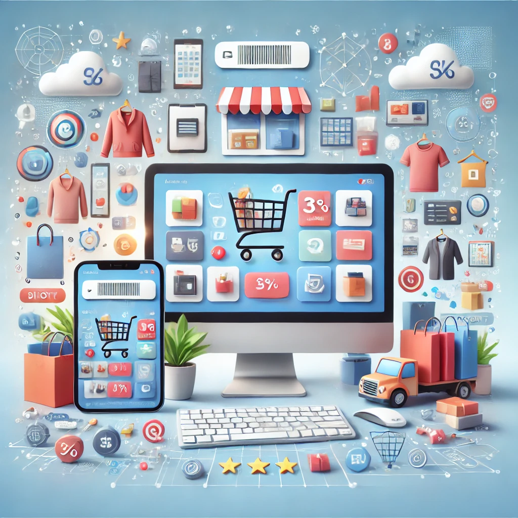 Desktop & Tablet sowie Elemente des E-Commerce, wie Lkw, Einkaufstüten uvm. zur Darstellung des Online-Marktplatzes