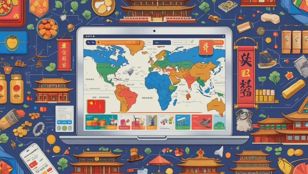 Screen eines Laptops mit Weltkarte, Chinesische Elemente wie Gebäude in typischer Bauform drum herum - Stellt den globalen Handel und die E-Commerce-Strategie von China dar