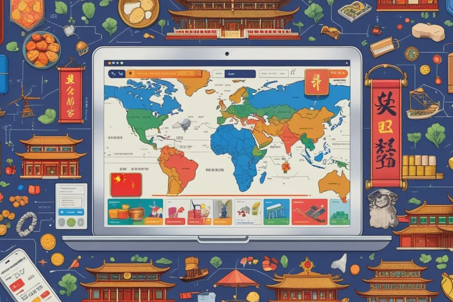 Screen eines Laptops mit Weltkarte, Chinesische Elemente wie Gebäude in typischer Bauform drum herum - Stellt den globalen Handel und die E-Commerce-Strategie von China dar
