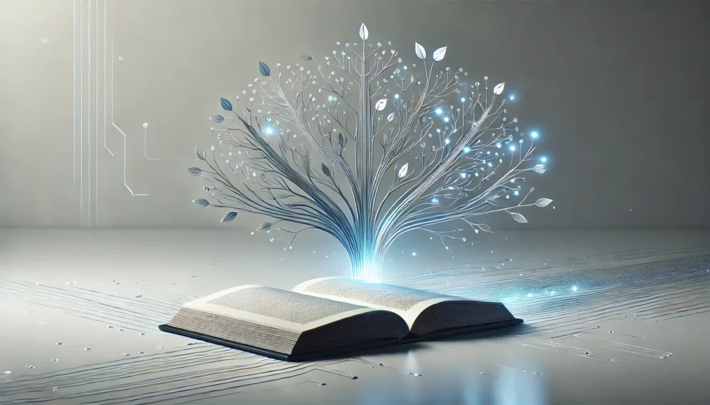 Aufgeschlagenes Buch, aus dem ein stilisierter Baum mit leuchtenden Ästen entwächst, als metaphorische Darstellung für Lernen durch Verknüpfung