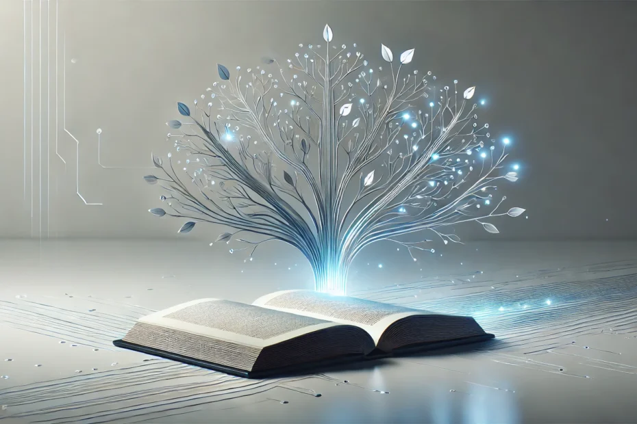 Aufgeschlagenes Buch, aus dem ein stilisierter Baum mit leuchtenden Ästen entwächst, als metaphorische Darstellung für Lernen durch Verknüpfung