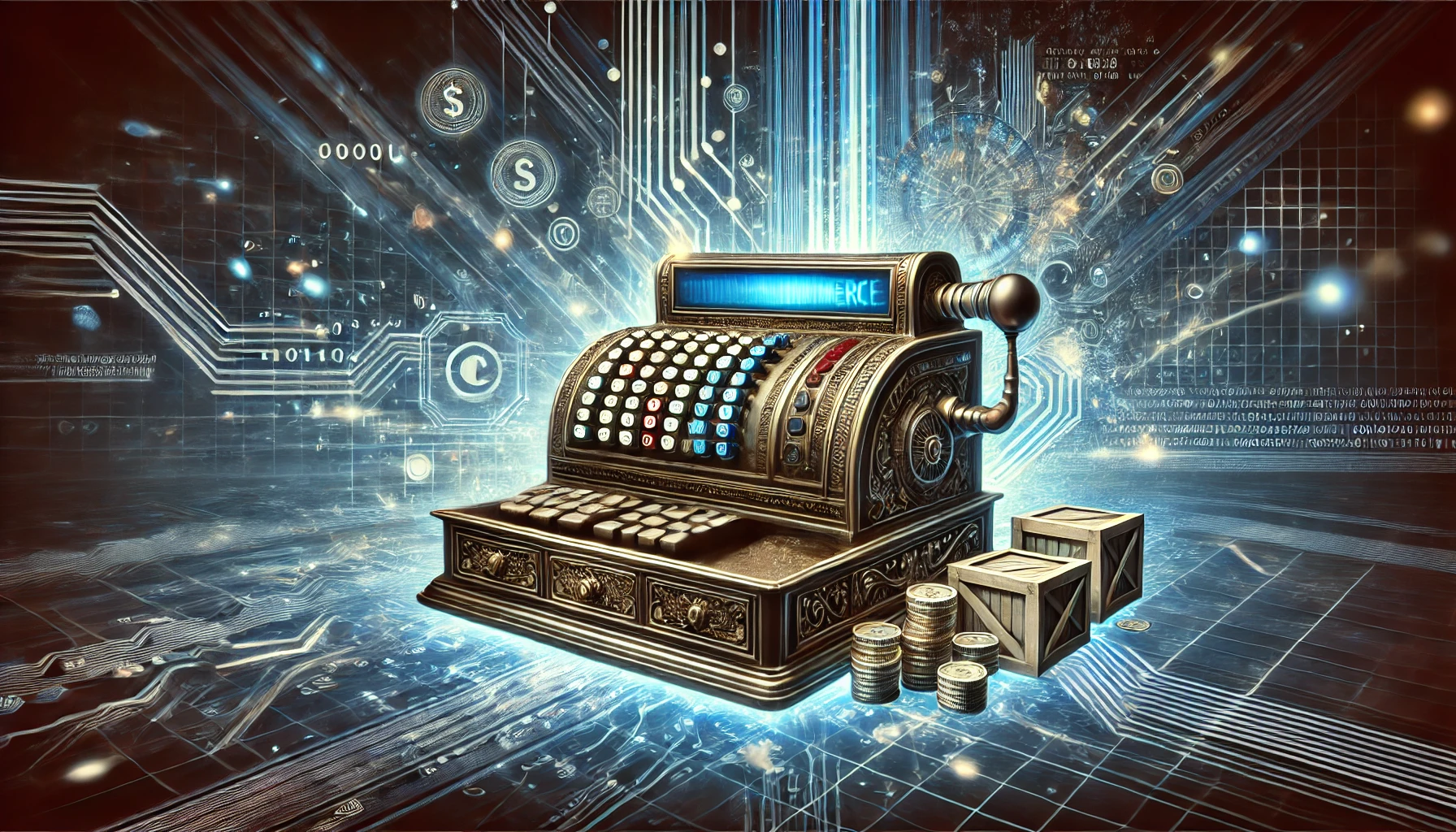 Altmodische Kasse im Vordergrund, Hintergrund im Netzwerkstil - Versinnbildlichung von traditionellem Handel und technologischer Veränderung